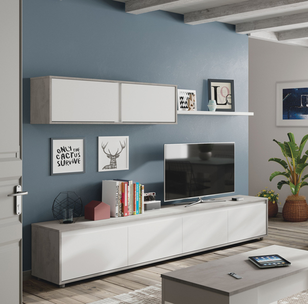 Parete attrezzata base e pensile cemento bianco cm.200x41x43h