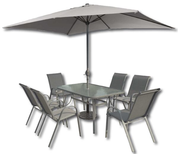 Set Riccione tavolo, 6 poltrone, ombrellone, base ombrellone