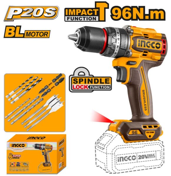 Trapano a Percussione 20V Compact Brushless 96N.m Nudo