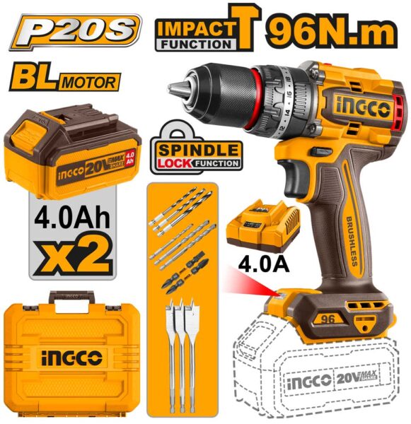 Trapano a Percussione 20V Compact Brushless 96N.m 2 Batterie 4ah+car.