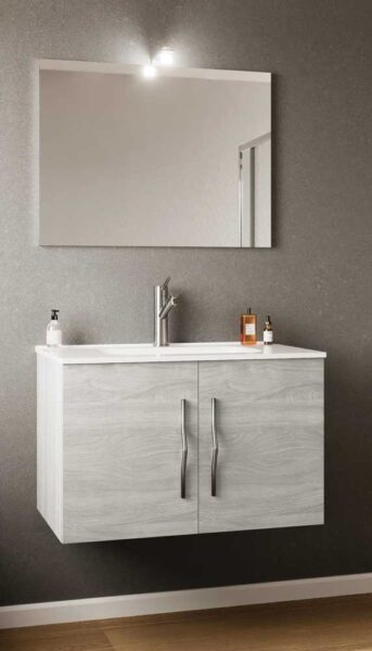 Mobile bagno sospeso cm.81x46p con specchio e faretto rovere grigio