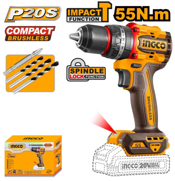 Trapano a Percussione 20V Compact Brushless 55N.m Nudo