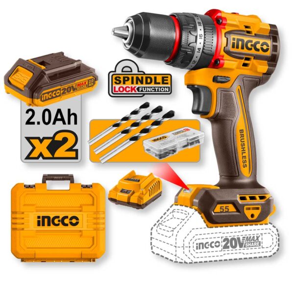 Trapano a Percussione 20V Compact Brushless 55N.m 2 Batterie 2ah+car.