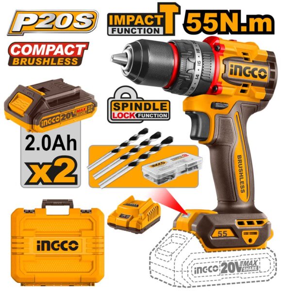 Trapano a Percussione 20V Compact Brushless 55N.m 2 Batterie 2ah+car.