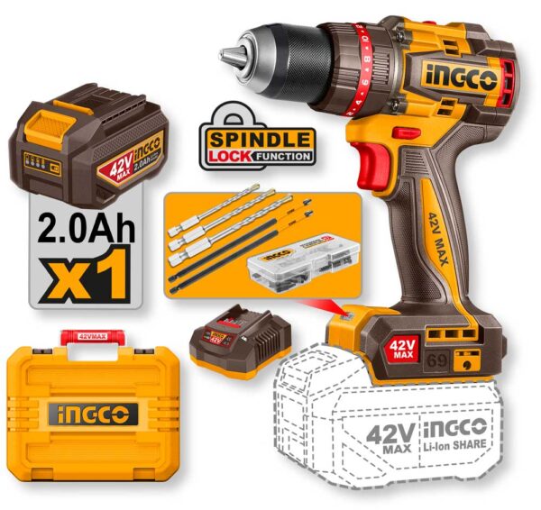 Trapano a Percussione 42V 69N.m 1 Batteria 2.0ah+caric.+valigetta