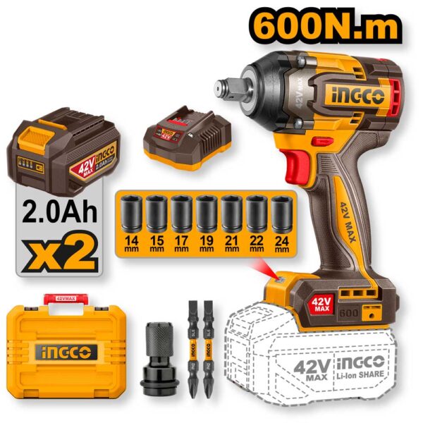 Avvitatore ad Impulsi 42V da 1/2P. 2 Batterie da 2.0ah 600N.m