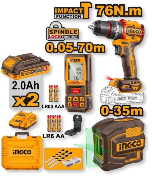 Set Trapano 20V 76N.m 2 Batterie 2ah+Livella Laser+Metro Laser