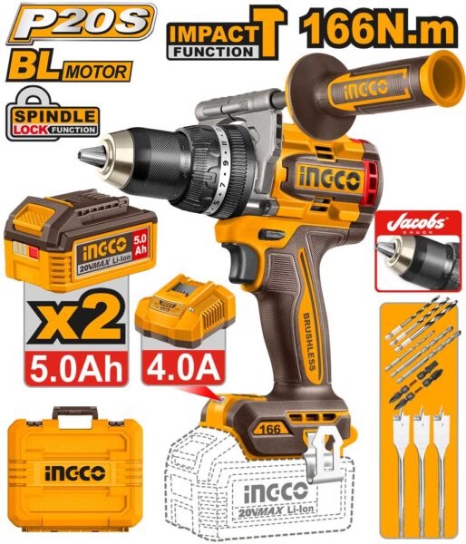 Trapano a Percussione 20V Compact Brushless 166N.m 2 Batterie 5ah+car.