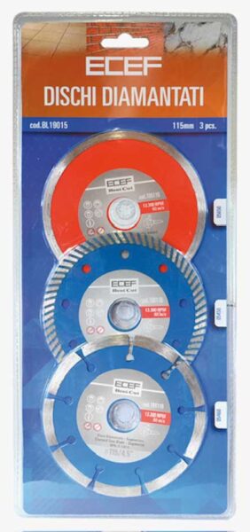 Dischi diamantati set 3 pezzi corona turbo, liscia, segmentata d.115