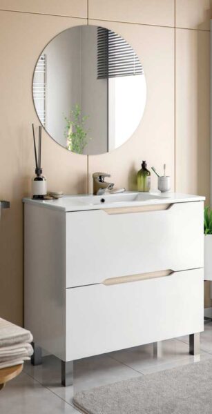 Mobile Bagno Lea 80 2 Cassetti Bianco Lucido - Rovere 80x45x80h