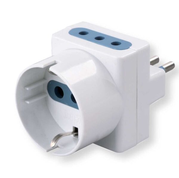 Adattatore Spina 10A 2P+T, 2 Prese 10A 2P+T 1 Presa Schuko