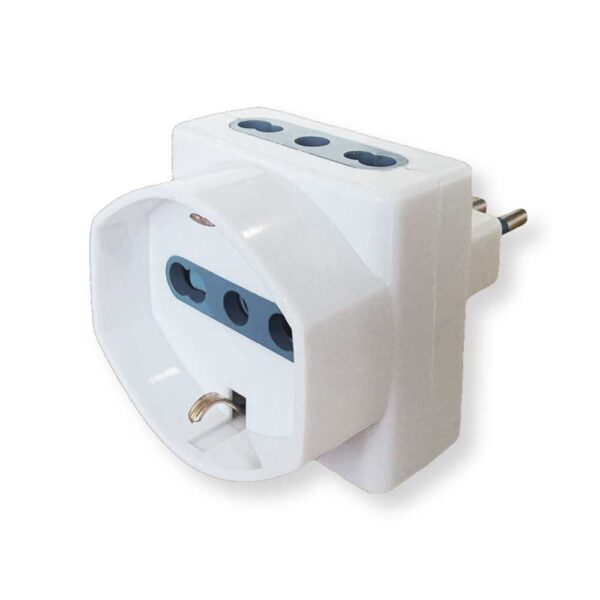 Adattatore Spina 10A 2P+T, 2 Prese 10/16A 2P+T 1 Presa Schuko bipasso