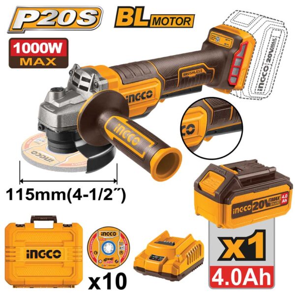 Smerigliatrice Angolare 115MM 20V-1000W 1 Batteria 4ah+car+val+dischi