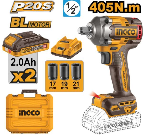 Avvitatore ad Impulsi 20V da 1/2P. c/2 Batterie da 2.0Ah 405N.m