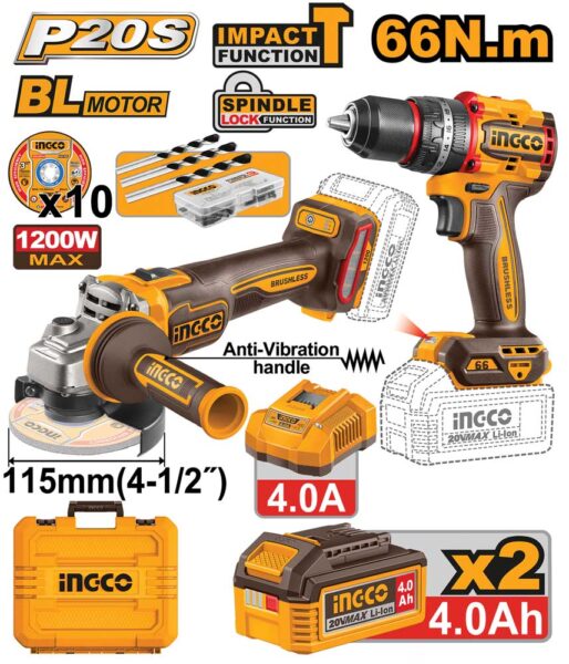 Set Trapano+Smerigliatrice 20V 2 Batterie 4Ah