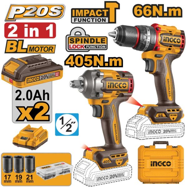 Set Trapano+Avvitatore ad Impulsi 1/2P. 20V 2 Batterie 2Ah