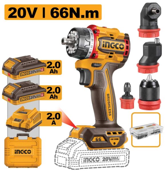 Trapano 20V 4 Mandrini Intercambiabili Compact BL 66N.m 2Bat.2ah+car.