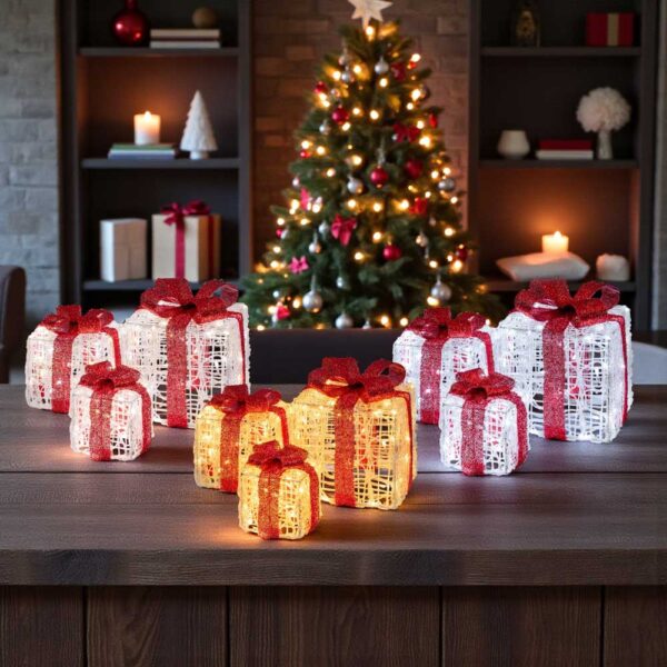 Set 3 Pacchi Regalo Led 3D H25-20-15CM Nastro Rosso
